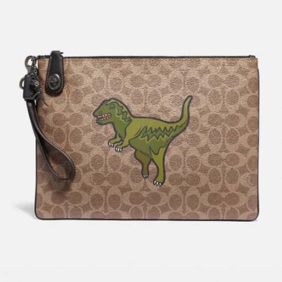 NWT COACH LEATHER LARGE TURNLOCK POUCH 30 REXY 68248 Khaki Rare Charm Skeleton - Picture 1 of 10